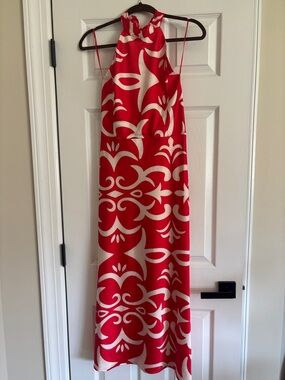Red and White Printed Halter Maxi Vacation Special Occasion Dress